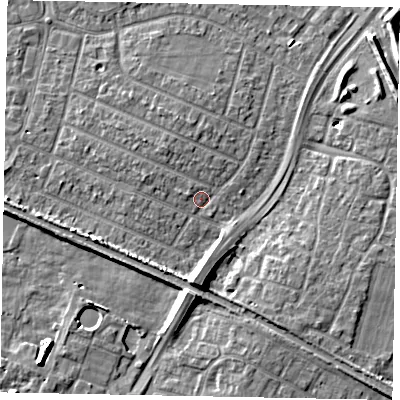 Shaded relief map of the ground around SL25LF, computed from Environment Agency LiDAR. The ground here sits at about 28 m above sea level and falls 9 m across the surrounding 800 m. Surface water reaching this point runs off ground lying to the north-north-west, 2.3 m higher.