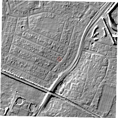 Shaded relief map of the ground around SL25LG, computed from Environment Agency LiDAR. The ground here sits at about 29 m above sea level and falls 11 m across the surrounding 800 m. Surface water reaching this point runs off ground lying to the west-north-west, 2.0 m higher.