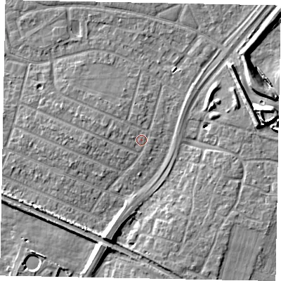 Shaded relief map of the ground around SL25LJ, computed from Environment Agency LiDAR. The ground here sits at about 29 m above sea level and falls 11 m across the surrounding 800 m. Surface water reaching this point runs off ground lying to the west-north-west, 1.1 m higher.