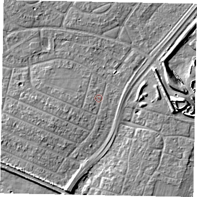 Shaded relief map of the ground around SL25LL, computed from Environment Agency LiDAR. The ground here sits at about 28 m above sea level and falls 11 m across the surrounding 800 m. Surface water reaching this point runs off ground lying to the south-south-west, 6.1 m higher.