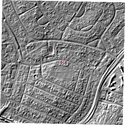 Shaded relief map of the ground around SL25LN, computed from Environment Agency LiDAR. The ground here sits at about 28 m above sea level and falls 8 m across the surrounding 800 m. Surface water reaching this point runs off ground lying to the south-south-west, 2.3 m higher.