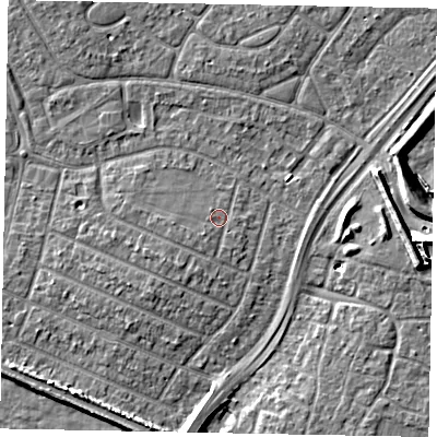 Shaded relief map of the ground around SL25LP, computed from Environment Agency LiDAR. The ground here sits at about 29 m above sea level and falls 11 m across the surrounding 800 m. Surface water reaching this point runs off ground lying to the west, 1.3 m higher.