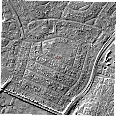 Shaded relief map of the ground around SL25LW, computed from Environment Agency LiDAR. The ground here sits at about 29 m above sea level and falls 9 m across the surrounding 800 m. Surface water reaching this point runs off ground lying to the south-south-west, 0.8 m higher.