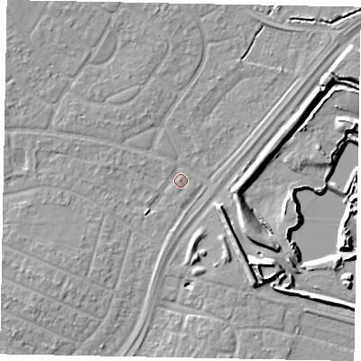 Shaded relief map of the ground around SL25NH, computed from Environment Agency LiDAR. The ground here sits at about 29 m above sea level and falls 11 m across the surrounding 800 m. Surface water reaching this point runs off ground lying to the south, 0.5 m higher.