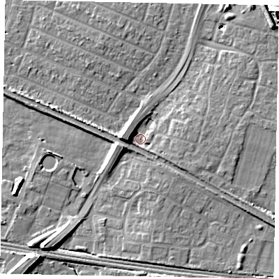 Shaded relief map of the ground around SL25NU, computed from Environment Agency LiDAR. The ground here sits at about 28 m above sea level and falls 10 m across the surrounding 800 m. Surface water reaching this point runs off ground lying to the west, 5.5 m higher.