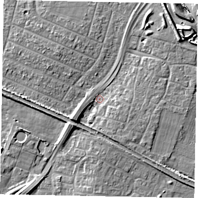 Shaded relief map of the ground around SL25NX, computed from Environment Agency LiDAR. The ground here sits at about 28 m above sea level and falls 11 m across the surrounding 800 m. Surface water reaching this point runs off ground lying to the south-west, 8.4 m higher.