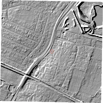 Shaded relief map of the ground around SL25NY, computed from Environment Agency LiDAR. The ground here sits at about 28 m above sea level and falls 11 m across the surrounding 800 m. Surface water reaching this point runs off ground lying to the north-east, 10.5 m higher.