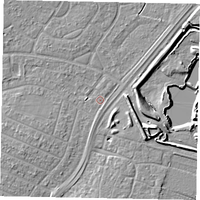 Shaded relief map of the ground around SL25NZ, computed from Environment Agency LiDAR. The ground here sits at about 28 m above sea level and falls 11 m across the surrounding 800 m. Surface water reaching this point runs off ground lying to the north-east, 2.1 m higher.
