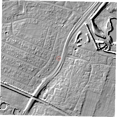 Shaded relief map of the ground around SL25PA, computed from Environment Agency LiDAR. The ground here sits at about 28 m above sea level and falls 11 m across the surrounding 800 m. Surface water reaching this point runs off ground lying to the east-north-east, 10.5 m higher.