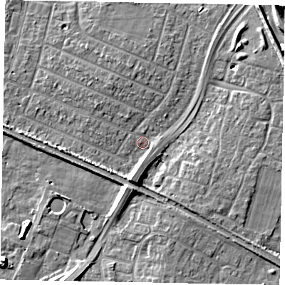 Shaded relief map of the ground around SL25PN, computed from Environment Agency LiDAR. The ground here sits at about 28 m above sea level and falls 9 m across the surrounding 800 m. Surface water reaching this point runs off ground lying to the south-south-west, 8.5 m higher.