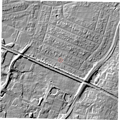 Shaded relief map of the ground around SL25PP, computed from Environment Agency LiDAR. The ground here sits at about 28 m above sea level and falls 7 m across the surrounding 800 m. Surface water reaching this point runs off ground lying to the south-east, 5.5 m higher.