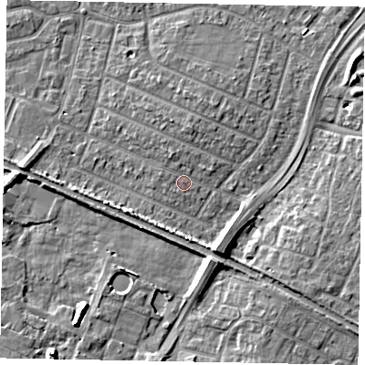 Shaded relief map of the ground around SL25PR, computed from Environment Agency LiDAR. The ground here sits at about 29 m above sea level and falls 9 m across the surrounding 800 m. Surface water reaching this point runs off ground lying to the north-north-west, 1.5 m higher.