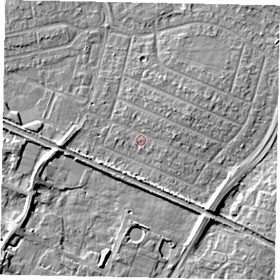 Shaded relief map of the ground around SL25PS, computed from Environment Agency LiDAR. The ground here sits at about 29 m above sea level and falls 8 m across the surrounding 800 m. Surface water reaching this point runs off ground lying to the east-north-east, 1.2 m higher.
