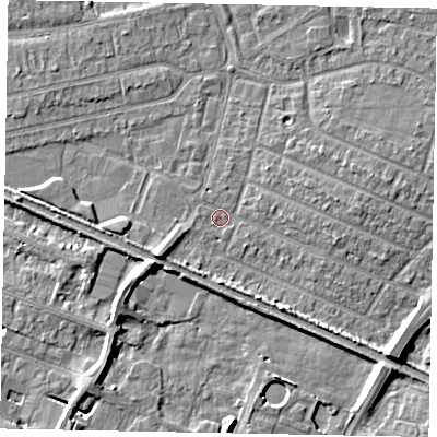 Shaded relief map of the ground around SL25PT, computed from Environment Agency LiDAR. The ground here sits at about 29 m above sea level and falls 8 m across the surrounding 800 m. Surface water reaching this point runs off ground lying to the west-south-west, 4.4 m higher.