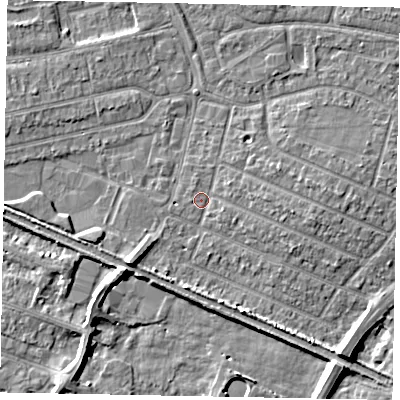 Shaded relief map of the ground around SL25PU, computed from Environment Agency LiDAR. The ground here sits at about 29 m above sea level and falls 7 m across the surrounding 800 m. Surface water reaching this point runs off ground lying to the south-west, 4.4 m higher.