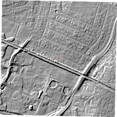 Shaded relief map of the ground around SL25PW, computed from Environment Agency LiDAR. The ground here sits at about 28 m above sea level and falls 7 m across the surrounding 800 m. Surface water reaching this point runs off ground lying to the south-east, 5.5 m higher.