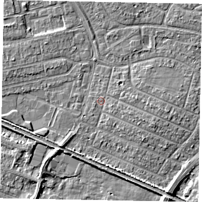 Shaded relief map of the ground around SL25PX, computed from Environment Agency LiDAR. The ground here sits at about 29 m above sea level and falls 6 m across the surrounding 800 m. Surface water reaching this point runs off ground lying to the east-south-east, 1.1 m higher.