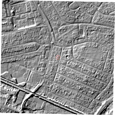 Shaded relief map of the ground around SL25PY, computed from Environment Agency LiDAR. The ground here sits at about 29 m above sea level and falls 6 m across the surrounding 800 m. Surface water reaching this point runs off ground lying to the south-east, 2.1 m higher.