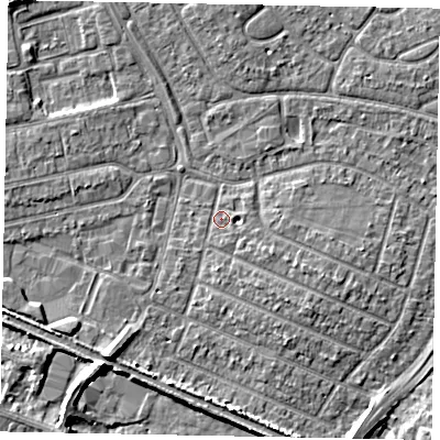 Shaded relief map of the ground around SL25PZ, computed from Environment Agency LiDAR. The ground here sits at about 29 m above sea level and falls 6 m across the surrounding 800 m. Surface water reaching this point runs off ground lying to the south-east, 2.1 m higher.