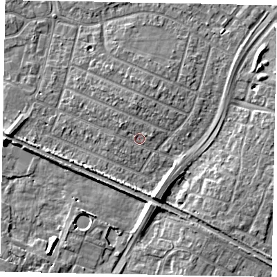 Shaded relief map of the ground around SL25QE, computed from Environment Agency LiDAR. The ground here sits at about 29 m above sea level and falls 9 m across the surrounding 800 m. Surface water reaching this point runs off ground lying to the north-west, 1.5 m higher.