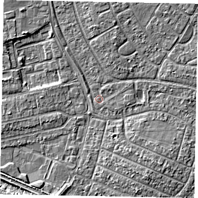 Shaded relief map of the ground around SL25QJ, computed from Environment Agency LiDAR. The ground here sits at about 28 m above sea level and falls 5 m across the surrounding 800 m. Surface water reaching this point runs off ground lying to the north-west, 3.4 m higher.