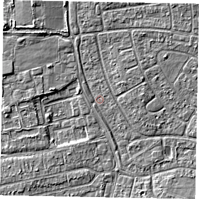 Shaded relief map of the ground around SL25QL, computed from Environment Agency LiDAR. The ground here sits at about 29 m above sea level and falls 7 m across the surrounding 800 m. Surface water reaching this point runs off ground lying to the north-west, 3.6 m higher.
