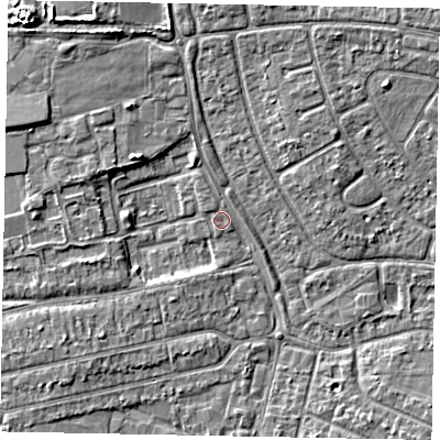 Shaded relief map of the ground around SL25QY, computed from Environment Agency LiDAR. The ground here sits at about 29 m above sea level and falls 7 m across the surrounding 800 m. Surface water reaching this point runs off ground lying to the north-north-west, 0.6 m higher.