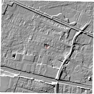 Shaded relief map of the ground around SL25RF, computed from Environment Agency LiDAR. The ground here sits at about 27 m above sea level and falls 8 m across the surrounding 800 m. Surface water reaching this point runs off ground lying to the south-south-east, 8.1 m higher.