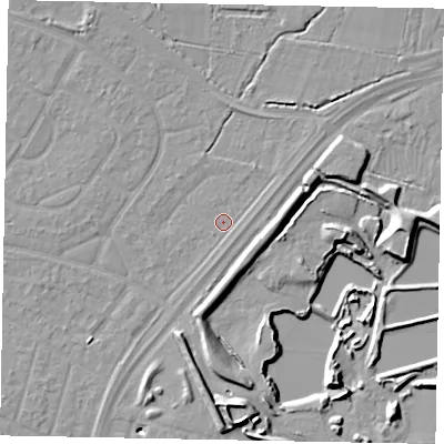 Shaded relief map of the ground around SL25RG, computed from Environment Agency LiDAR. The ground here sits at about 29 m above sea level and falls 11 m across the surrounding 800 m. Surface water reaching this point runs off ground lying to the north-north-east, 1.2 m higher.