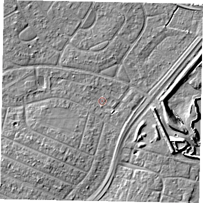 Shaded relief map of the ground around SL25RH, computed from Environment Agency LiDAR. The ground here sits at about 28 m above sea level and falls 11 m across the surrounding 800 m. Surface water reaching this point runs off ground lying to the north-west, 2.9 m higher.
