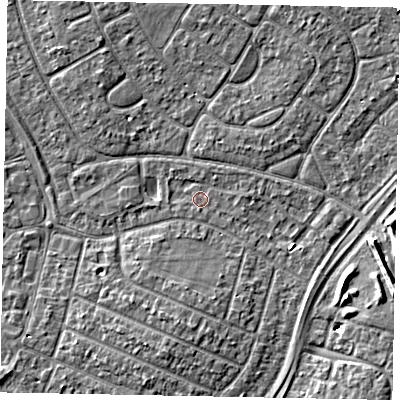 Shaded relief map of the ground around SL25RJ, computed from Environment Agency LiDAR. The ground here sits at about 28 m above sea level and falls 9 m across the surrounding 800 m. Surface water reaching this point runs off ground lying to the north-west, 3.0 m higher.