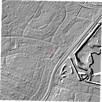 Shaded relief map of the ground around SL25RL, computed from Environment Agency LiDAR. The ground here sits at about 28 m above sea level and falls 11 m across the surrounding 800 m. Surface water reaching this point runs off ground lying to the north-north-west, 0.7 m higher.