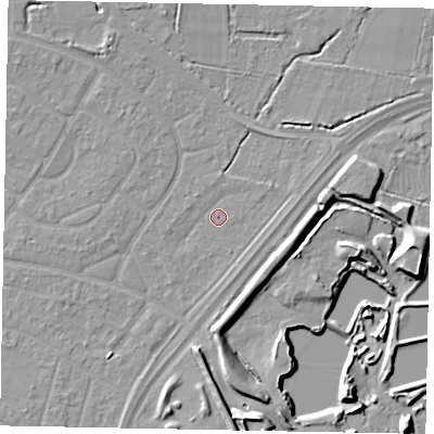 Shaded relief map of the ground around SL25RN, computed from Environment Agency LiDAR. The ground here sits at about 29 m above sea level and falls 10 m across the surrounding 800 m. Surface water reaching this point runs off ground lying to the north, 1.1 m higher.