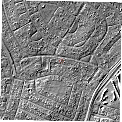 Shaded relief map of the ground around SL25RP, computed from Environment Agency LiDAR. The ground here sits at about 29 m above sea level and falls 9 m across the surrounding 800 m. Surface water reaching this point runs off ground lying to the north-north-west, 3.4 m higher.