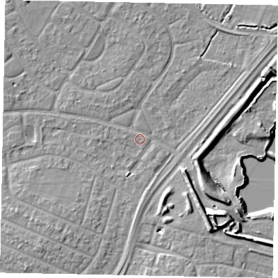Shaded relief map of the ground around SL25RW, computed from Environment Agency LiDAR. The ground here sits at about 29 m above sea level and falls 11 m across the surrounding 800 m. Surface water reaching this point runs off ground lying to the north, 2.1 m higher.
