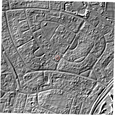 Shaded relief map of the ground around SL25SD, computed from Environment Agency LiDAR. The ground here sits at about 29 m above sea level and falls 5 m across the surrounding 800 m. Surface water reaching this point runs off ground lying to the north-north-east, 2.9 m higher.
