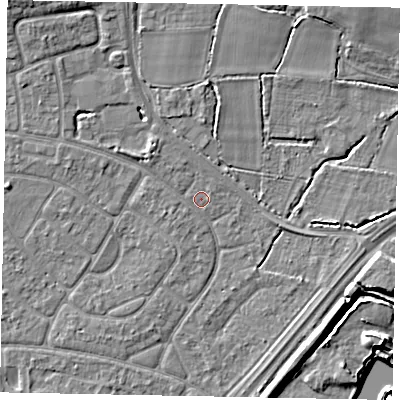 Shaded relief map of the ground around SL25SH, computed from Environment Agency LiDAR. The ground here sits at about 30 m above sea level and falls 10 m across the surrounding 800 m. Surface water reaching this point runs off ground lying to the north-west, 1.9 m higher.