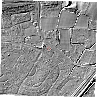Shaded relief map of the ground around SL25SJ, computed from Environment Agency LiDAR. The ground here sits at about 30 m above sea level and falls 9 m across the surrounding 800 m. Surface water reaching this point runs off ground lying to the west, 1.1 m higher.