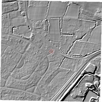 Shaded relief map of the ground around SL25SL, computed from Environment Agency LiDAR. The ground here sits at about 30 m above sea level and falls 10 m across the surrounding 800 m. Surface water reaching this point runs off ground lying to the north-west, 1.4 m higher.