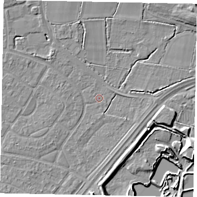 Shaded relief map of the ground around SL25SN, computed from Environment Agency LiDAR. The ground here sits at about 29 m above sea level and falls 11 m across the surrounding 800 m. Surface water reaching this point runs off ground lying to the north-east, 7.9 m higher.