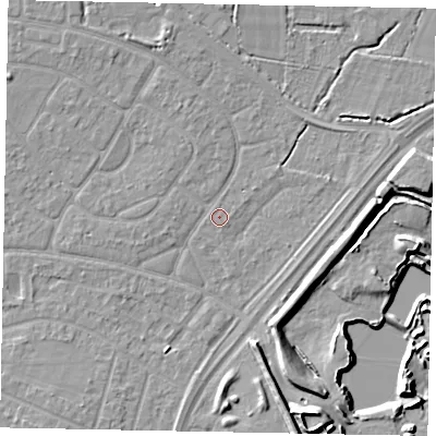 Shaded relief map of the ground around SL25SP, computed from Environment Agency LiDAR. The ground here sits at about 29 m above sea level and falls 10 m across the surrounding 800 m. Surface water reaching this point runs off ground lying to the east-north-east, 0.5 m higher.