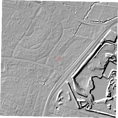 Shaded relief map of the ground around SL25SR, computed from Environment Agency LiDAR. The ground here sits at about 29 m above sea level and falls 11 m across the surrounding 800 m. Surface water reaching this point runs off ground lying to the west-north-west, 0.7 m higher.