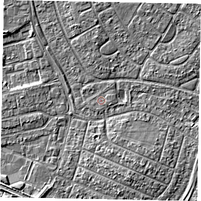 Shaded relief map of the ground around SL25SS, computed from Environment Agency LiDAR. The ground here sits at about 29 m above sea level and falls 5 m across the surrounding 800 m. Surface water reaching this point runs off ground lying to the east-north-east, 0.7 m higher.