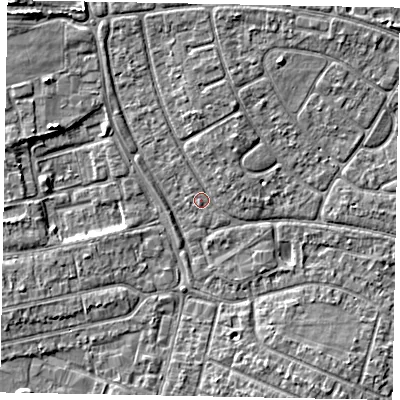 Shaded relief map of the ground around SL25SU, computed from Environment Agency LiDAR. The ground here sits at about 29 m above sea level and falls 5 m across the surrounding 800 m. Surface water reaching this point runs off ground lying to the north, 2.2 m higher.