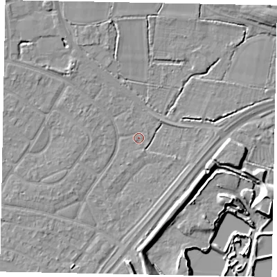 Shaded relief map of the ground around SL25SW, computed from Environment Agency LiDAR. The ground here sits at about 29 m above sea level and falls 10 m across the surrounding 800 m. Surface water reaching this point runs off ground lying to the north-east, 7.7 m higher.