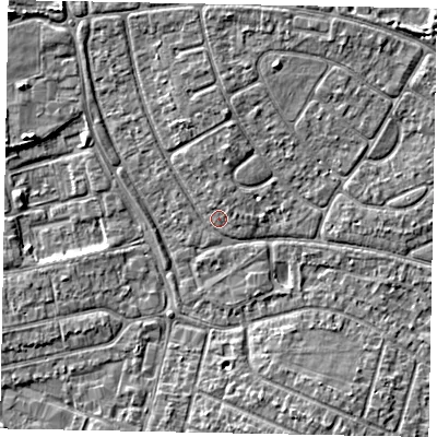Shaded relief map of the ground around SL25SX, computed from Environment Agency LiDAR. The ground here sits at about 29 m above sea level and falls 4 m across the surrounding 800 m. Surface water reaching this point runs off ground lying to the north, 0.8 m higher.