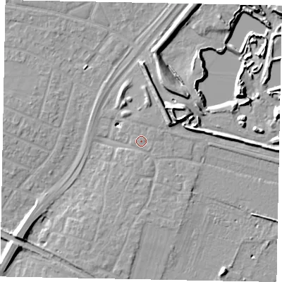 Shaded relief map of the ground around SL25XA, computed from Environment Agency LiDAR. The ground here sits at about 30 m above sea level and falls 11 m across the surrounding 800 m. Surface water reaching this point runs off ground lying to the north-east, 0.9 m higher.