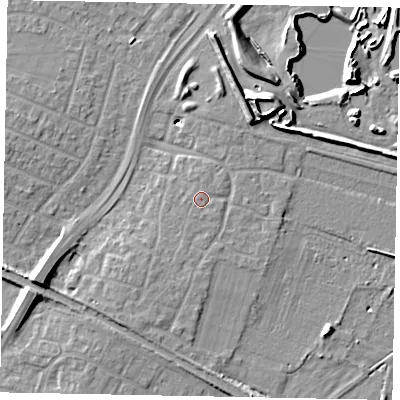 Shaded relief map of the ground around SL25XJ, computed from Environment Agency LiDAR. The ground here sits at about 30 m above sea level and falls 11 m across the surrounding 800 m. Surface water reaching this point runs off ground lying to the south, 0.6 m higher.