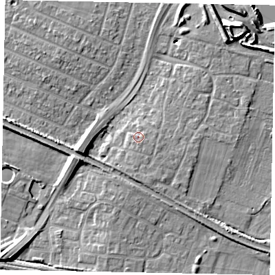 Shaded relief map of the ground around SL25XN, computed from Environment Agency LiDAR. The ground here sits at about 30 m above sea level and falls 11 m across the surrounding 800 m. Surface water reaching this point runs off ground lying to the south, 1.4 m higher.