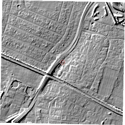 Shaded relief map of the ground around SL25XR, computed from Environment Agency LiDAR. The ground here sits at about 28 m above sea level and falls 11 m across the surrounding 800 m. Surface water reaching this point runs off ground lying to the south-west, 8.4 m higher.